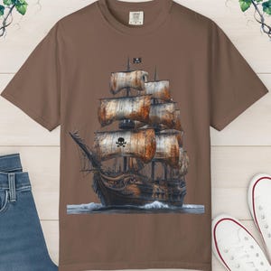 T-Shirt Tee Vintage Pirate Ship, Rustic Sailing Ship Tee, Old World Nautical Shirt, Historical Ship Comfort Colors 1717  T Shirt