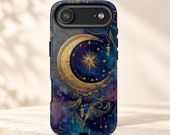 May include: A smartphone case featuring a deep blue and purple cosmic background with a prominent gold crescent moon and a central starburst. The design includes intricate gold line art of swirling celestial patterns and small stars.