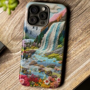 Embroidered Waterfall Phone Case: Scenic Nature Design