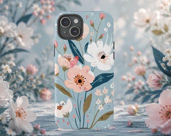 Capa de celular floral em tons pastel, capa azul botânica para iPhone, capa floral estilo cottagecore, capa com flores silvestres da primavera, presente fofo para amantes de jardim
