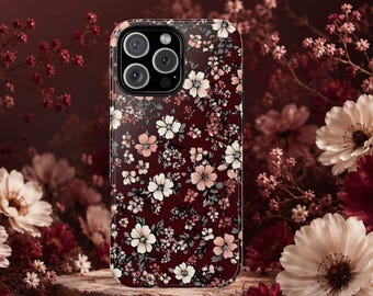 Burgund Blumen iPhone Hülle, Dunkle Cottagecore Handyhülle, Vintage Wildblumen Hülle, Ästhetische Blumen Handyhülle, Botanisches Geschenk für Sie