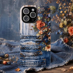 Distressed Denim Floral Phone Case, Blue Jean Rose Case, Vintage Denim iPhone Case, Rustic Floral Samsung Case, Peach Rose Denim Cover