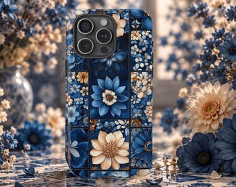 Blue Floral Patchwork iPhone Case, Chinoiserie Phone Case, Botanical Mosaic iPhone Cover, Cottagecore Gift for Her