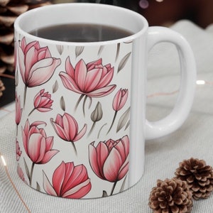 Floral Ceramic Coffee Mug: Pink Botanical Print, 11oz