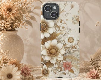 Neutral Floral Phone Case, Vintage Daisy iPhone Case, Beige Botanical Phone Case, Cottagecore Phone Cover, Gift for Her