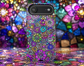 Gebrandschilderd glas bloemen telefoonhoesje, kleurrijk mozaïek iPhone-hoesje, boho bloem telefoonhoes, regenboog mandala-hoesje, maximalist kunstcadeau
