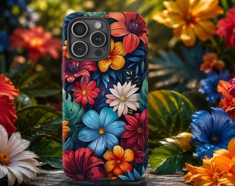 May include: A smartphone case featuring a vibrant, dense floral pattern against a dark blue background. The design includes various flowers in shades of red, orange, yellow, blue, and white, interspersed with green leaves and foliage.