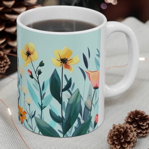 Floral Ceramic Coffee Mug: Botanical Flower Print, 11oz