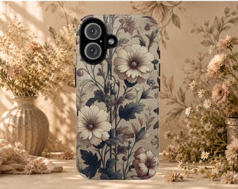 Vintage Neutral Floral iPhone Case Beige Botanical Phone Case Cottagecore Wildflower iPhone Cover Antique Flower Protective  Gift for Her