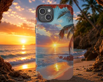 Tropical Sunset Beach Phone Case, Ocean Sunset iPhone Case, Palm Tree Coastal Samsung Cover, Summer Vacation Aesthetic