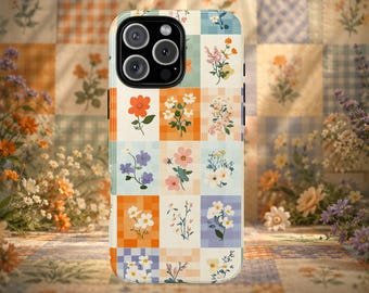 iPhonehoesje met bloemenquilt, cottagecore patchwork-telefoonhoesje, vintage iPhone-hoes met wilde bloemen, hoesje met landelijke bloemen, cadeau voor haar