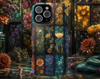 Stained Glass Floral iPhone Case, Botanical Mosaic Phone Case, Art Nouveau iPhone Cover, Vintage Flower Gift for Her