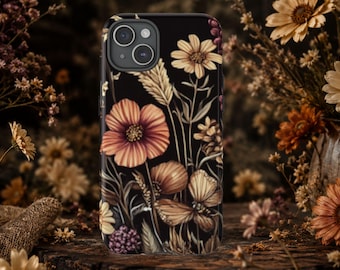 Vintage-iPhone-Hülle mit Wildblumenmuster, dunkle Handyhülle mit Blumenmuster, botanische iPhone-Hülle, Cottagecore-Hülle mit Blumenmuster, Geschenkidee für Sie
