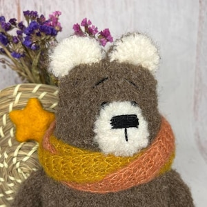 Knitted Teddy Bear – Handmade Boucle Plush Toy – Brown Bear with Scarf – Soft Stuffed Animal – Autumn Gift – Nursery Decor
