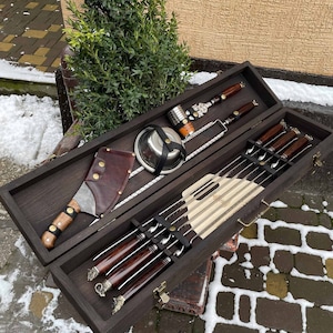 BBQ skewers set with bronze decoration, Grill Set, Mangal skewers, Shashlik, Grill accessories, Forged skewers, BBQ tool set, BBQ gift set