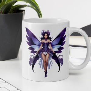 White glossy mug, Purple Floral Magical Fairy, Ceramic Coffee Tea Cup Gift