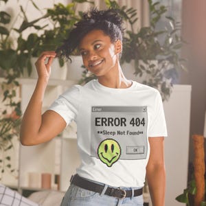 Error 404 Sleep Not Found T-Shirt, Retro Glitch Smiley Graphic Tee