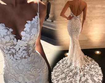 Customized Bohemian Mermaid Wedding Gown, Lace Backless Wedding Gowns, Princess Dress, Wedding Dress, Boho lace wedding dress