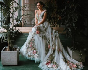 Abito da sposa con fiori 3D / Abito floreale da sposa / Abiti da sposa della collezione di rose in pizzo con foglie di fiori da favola / Abito da sposa lungo in tulle