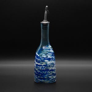 Blue & White Hand Blown Glass Bottle | Olive Oil Bottle | Soap Dispenser | Bar Accessory | Glacier Flow