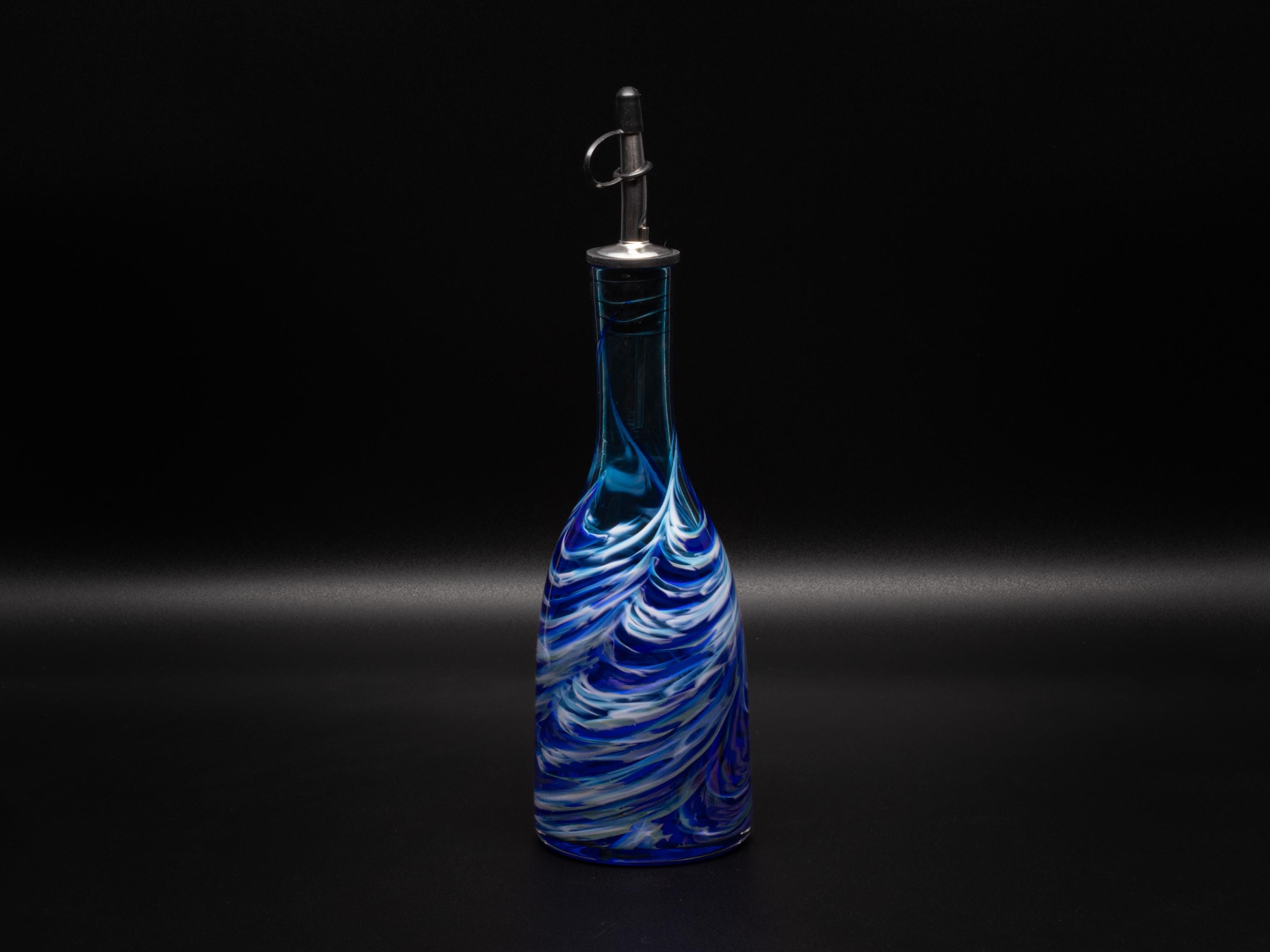Blue & White Hand Blown Glass Bottle | Olive Oil Bottle | Soap Dispenser | Bar Accessory | Ocean Waves