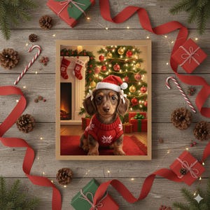 May include: A framed Christmas-themed illustration features a dachshund wearing a Santa hat and a red sweater with white snowflake patterns. The background includes a decorated Christmas tree, fireplace, and gifts, surrounded by red ribbon, pine cones, and candy canes.