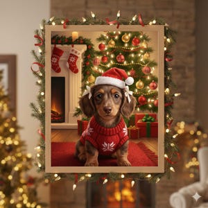 May include: A framed Christmas scene featuring a dachshund wearing a Santa hat and a red sweater with white snowflake designs. The background includes a decorated Christmas tree, a fireplace with stockings, and wrapped gifts.