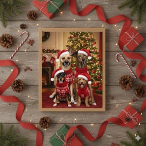 May include: A framed Christmas-themed image featuring four dogs wearing matching red sweaters and Santa hats. The dogs are positioned in front of a decorated Christmas tree and fireplace. The image is surrounded by festive decorations, including red ribbons, gifts, and pine cones.