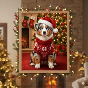 May include: A framed Christmas-themed image features a dog wearing a red sweater with white snowflake patterns and a Santa hat. The background includes a decorated Christmas tree, stockings, and a fireplace, creating a festive holiday scene.
