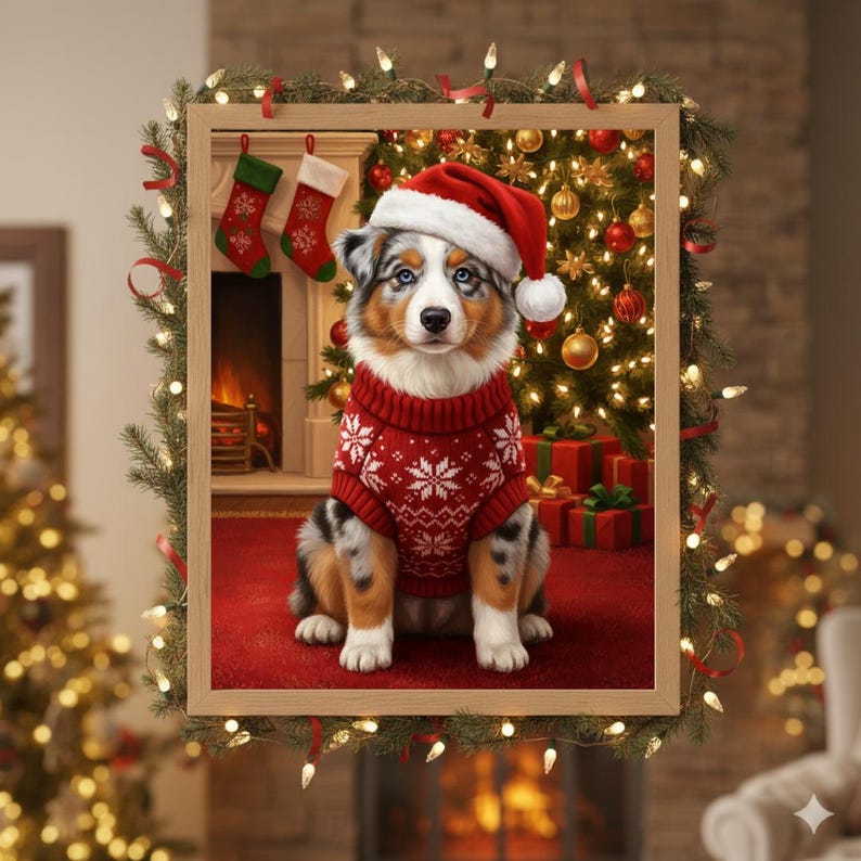 May include: A framed Christmas-themed image features a dog wearing a red sweater with white snowflake patterns and a Santa hat. The background includes a decorated Christmas tree, stockings, and a fireplace, creating a festive holiday scene.