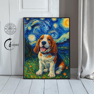 May include: A framed art print depicting a beagle dog in a field of flowers, set against a swirling night sky in the style of Van Gogh. The dog has brown and white fur, with a red collar. The print is in a black frame.