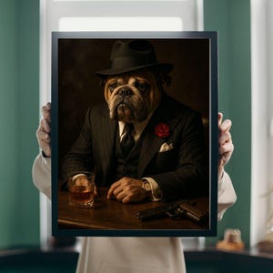 Aangepast maffiahuisdierportret – Hond of kat als maffiabaas | Gepersonaliseerde huisdierkunst | Grappig cadeau voor huisdieren | Gangster-, Yakuza- en Cartelstijl uit de jaren 40