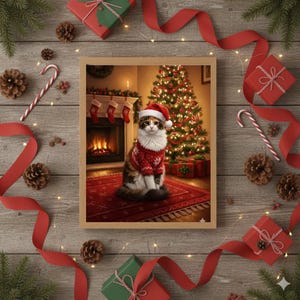 May include: A framed Christmas-themed illustration featuring a cat wearing a Santa hat and sweater, set in a cozy room with a decorated tree and fireplace. The frame is surrounded by festive decorations including red ribbons, gifts, pine cones, and candy canes.