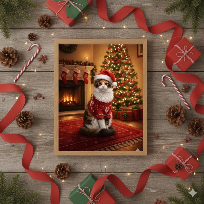 May include: A framed Christmas-themed illustration featuring a cat wearing a Santa hat and sweater, set in a cozy room with a decorated tree and fireplace. The frame is surrounded by festive decorations including red ribbons, gifts, pine cones, and candy canes.