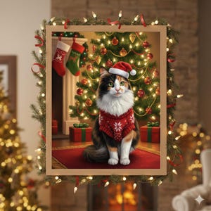 May include: A framed Christmas-themed image features a calico cat wearing a red sweater with a snowflake design and a Santa hat. The cat sits in front of a decorated Christmas tree, stockings, and wrapped gifts. The frame is adorned with lights and greenery.