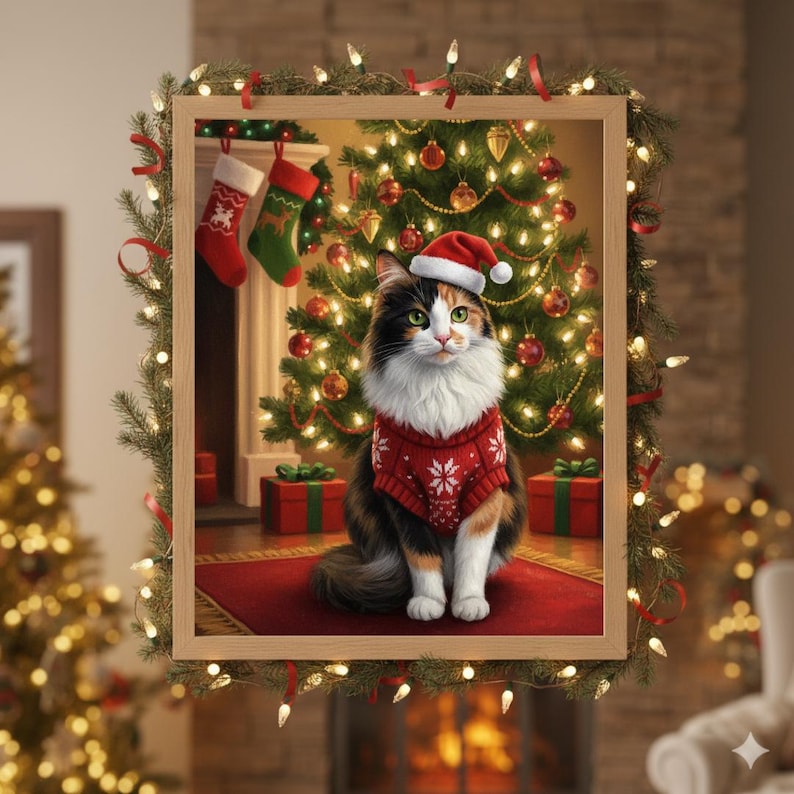 May include: A framed Christmas-themed image features a calico cat wearing a red sweater with a snowflake design and a Santa hat. The cat sits in front of a decorated Christmas tree, stockings, and wrapped gifts. The frame is adorned with lights and greenery.