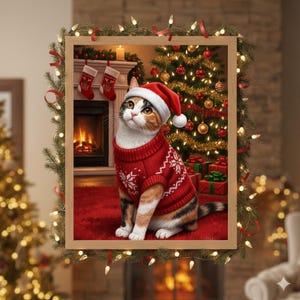 May include: A framed Christmas-themed image features a calico cat wearing a red sweater with white snowflake designs and a Santa hat. The cat is in front of a decorated Christmas tree, fireplace, and stockings.