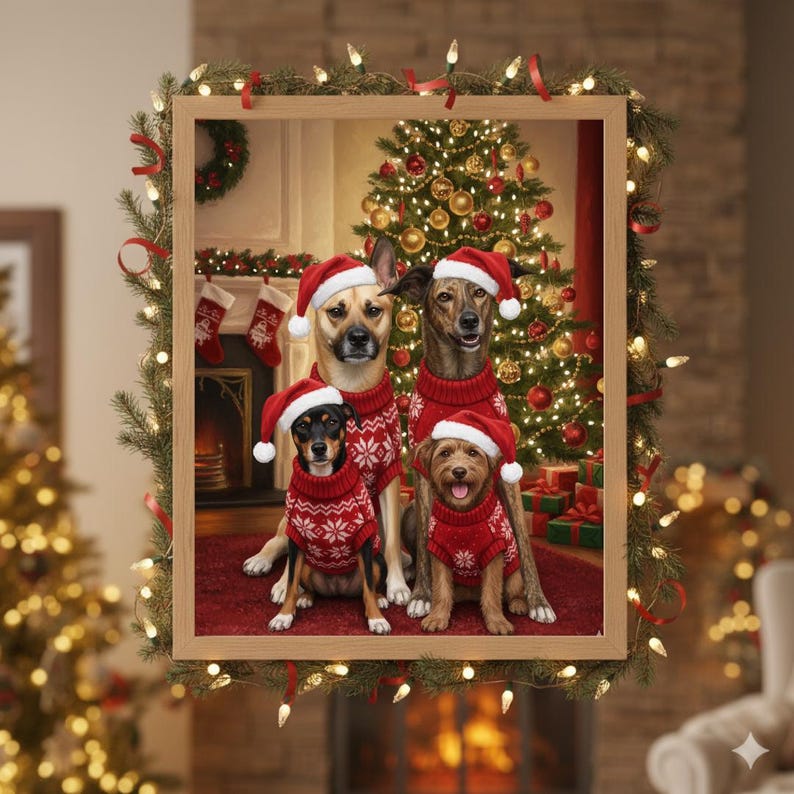 May include: A framed Christmas-themed artwork featuring four dogs wearing matching red sweaters and Santa hats. The dogs are positioned in front of a decorated Christmas tree and a fireplace, creating a festive holiday scene.