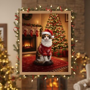 May include: A framed Christmas-themed illustration features a cat wearing a Santa hat and a red sweater with a snowflake design. The cat sits on a red rug in front of a fireplace and Christmas tree. The frame is decorated with greenery and lights.