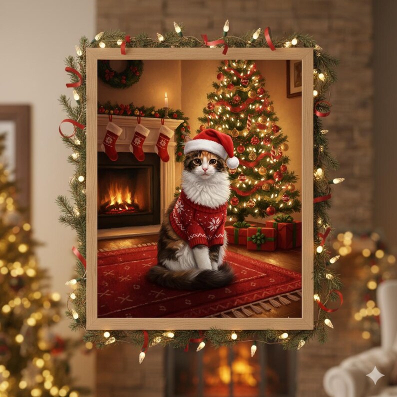 May include: A framed Christmas-themed illustration features a cat wearing a Santa hat and a red sweater with a snowflake design. The cat sits on a red rug in front of a fireplace and Christmas tree. The frame is decorated with greenery and lights.
