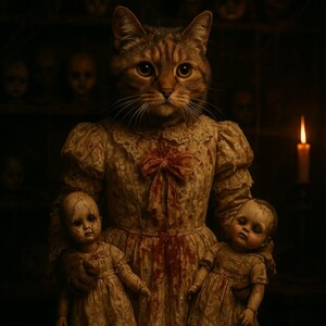 May include: A tabby cat with large eyes wearing a vintage cream-coloured dress with a red bow and blood-like stains. The cat is holding two antique dolls. A lit candle and a shelf of doll heads are in the background.