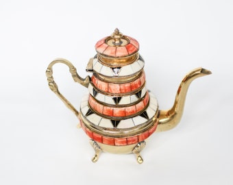 Vintage Moroccan Brass Teapot with Pedestal Feet and Inlaid Coral, White and Black Bone or Enamel Pieces