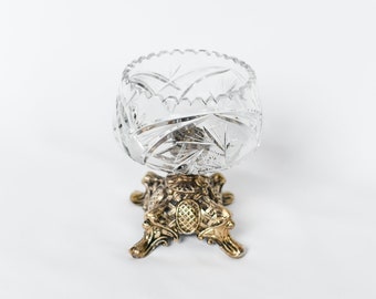 Hand-cut Crystal Sawtooth Decorative Pedestal Bowl on Ornate Brass Base | Mid Century Footed Compote Dish or Candy Bowl