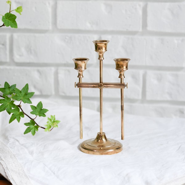 Adjustable Brass 3-Tier Candelabra | Vintage Brass Candlestick Holder | Mid-Century Modern Brass Candlestick Home Decor