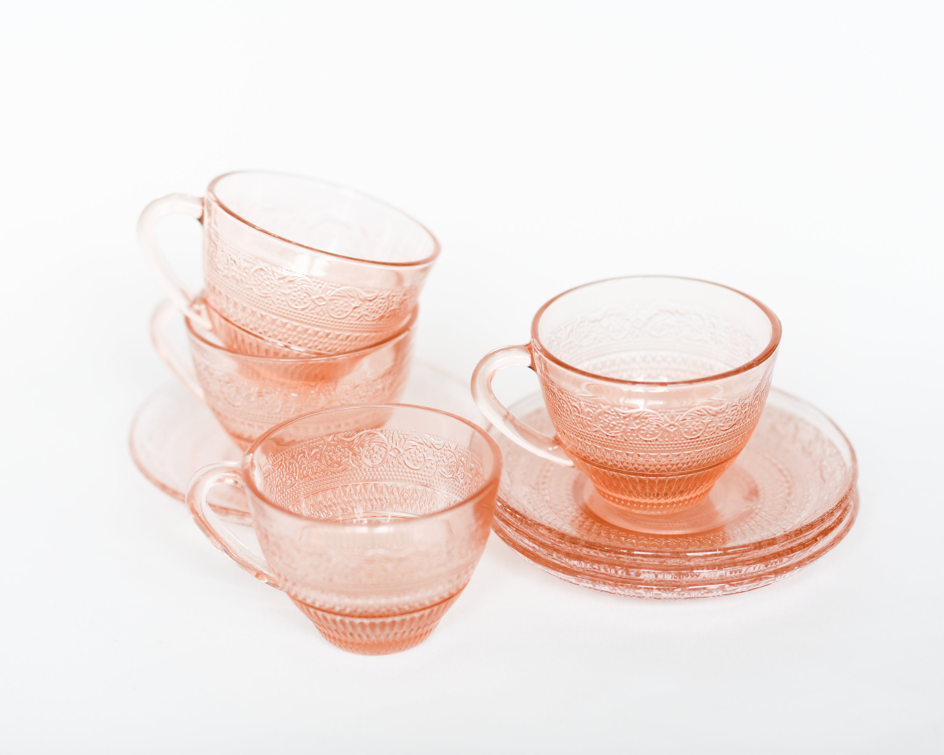 Set of Vintage Pink Glass Tea Cups and Saucers, Vintage KIG Indonesia  Fleur-de-lis Pattern Tea Cups and Matching Saucers - Main Image