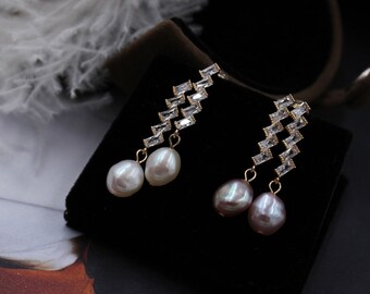 Jeelow Elegant Freshwater Baroque Pearl Earrings | 925 Sterling Silver with Zircon | Classic White & Light Purple