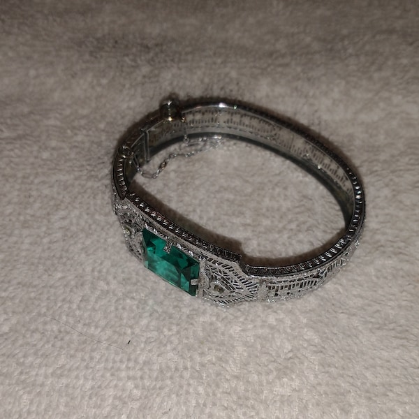 Vintage Filigree Bangle Bracelet With Large Aquamarine Color Stone, Like New. Beautiful.