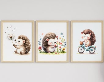 Cute Hedgehog Nursery Art Set of 3, Woodland Theme Baby Room, Gender Neutral Decor, Forest Animal Print Set, Printable Watercolor Posters