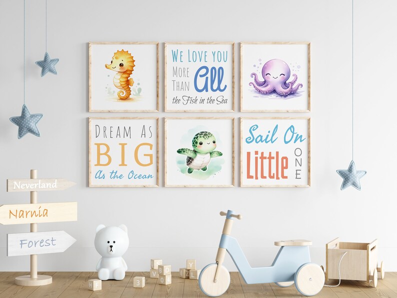 Cute Ocean Nursery Wall Art Set of 6, Nautical Theme Prints, Baby Sea