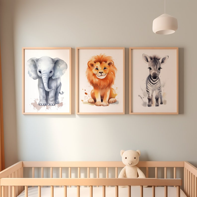 Safari Animal Nursery Prints Set of 3, Cute Jungle Animal Wall Art